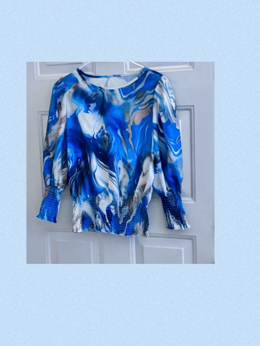 SHEIN Blue Marble-Print Smocked-Hem Long Sleeve Blouse